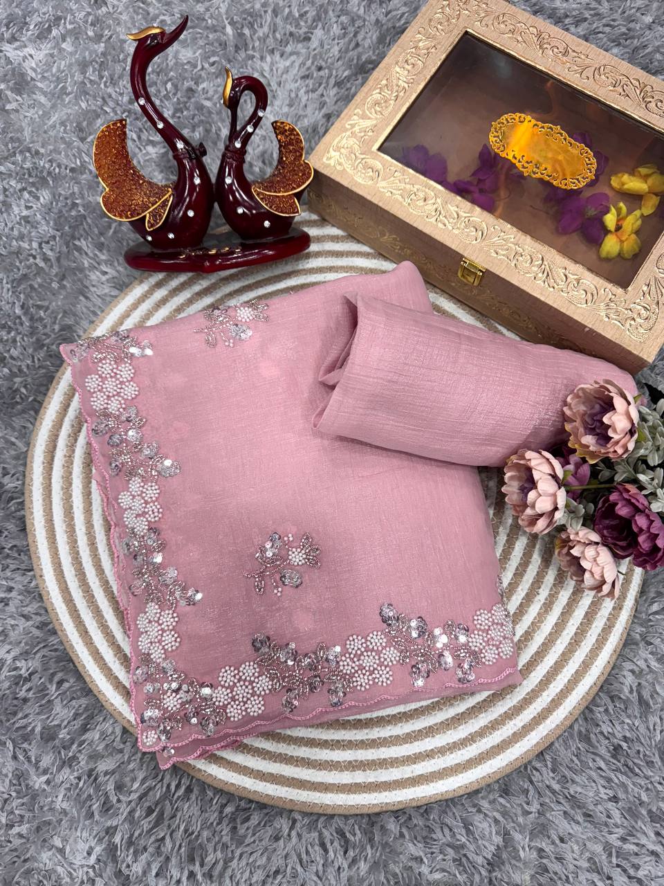 Women's Soft Pink Organza Saree with Delicate Pearl & Sequin Floral Embroidery β Lightweight Sheer Drape for Festive, Wedding & Party Wear - Image 8
