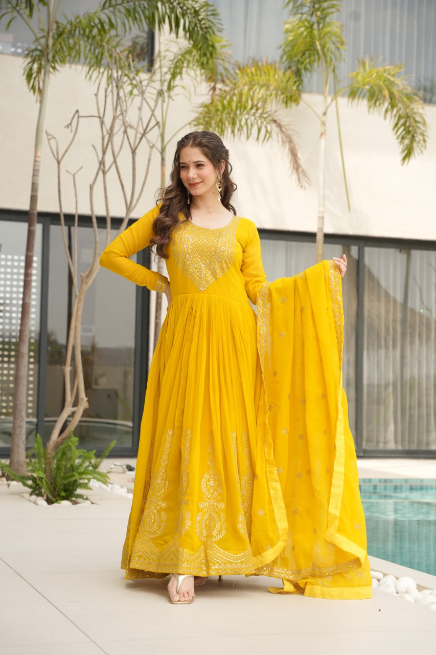 Women's Radiant Red Anarkali Suit Set with Golden Zari & Sequin Embroidery – Perfect for Festive & Wedding Occasions - Image 3