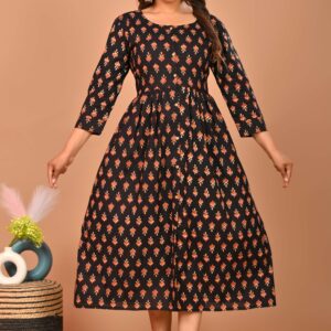 Bagru Women's Cotton Printed Long Gown – Design 1
