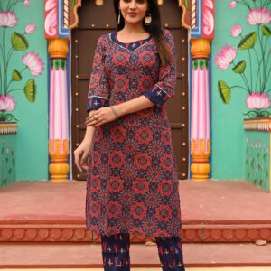 Bagru Women's Cotton Printed Kurti with Pant Set – Design 27