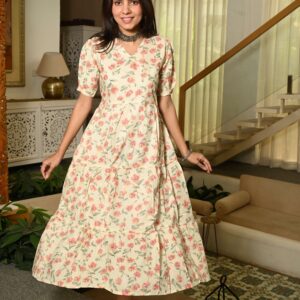Bagru Women's Cotton Printed Anarkali Midi Dress – Design 23
