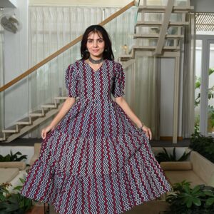 Bagru Women's Cotton Printed Anarkali Midi Dress – Design 35