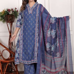 Bagru Women's Cotton Printed 3 Piece Kurta Pant Dupatta Set – Design 6