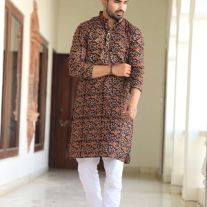 Bagru Men's Brown & Black Printed Cotton Kurta Pajama Set