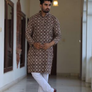 Bagru Men's Brown Floral Printed Cotton Kurta Pajama Set