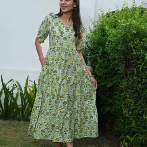 Bagru Women's Cotton Printed Anarkali Midi Dress – Design 2