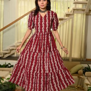 Bagru Women's Cotton Printed Anarkali Midi Dress – Design 31
