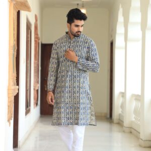 Bagru Men's Blue Printed Cotton Kurta Pajama Set