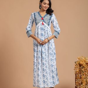 Bagru Women's Cotton Printed Long Gown – Design 29