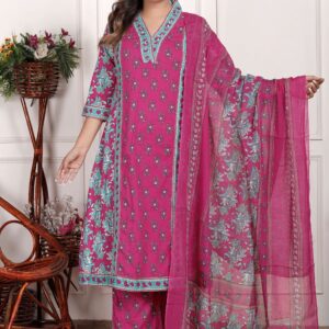 Bagru Women's Cotton Printed 3 Piece Kurta Pant Dupatta Set – Design 3