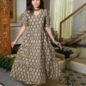 Bagru Women's Cotton Printed Anarkali Midi Dress – Design 21
