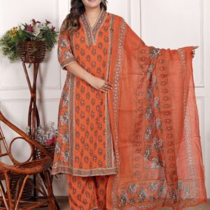 Bagru Women's Cotton Printed 3 Piece Kurta Pant Dupatta Set – Design 1