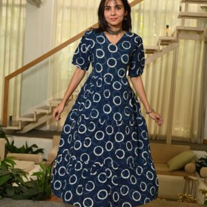 Bagru Women's Cotton Printed Anarkali Midi Dress – Design 36