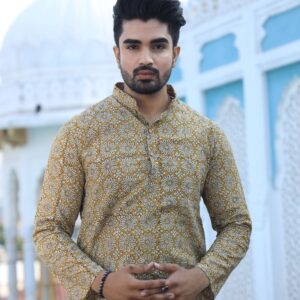Bagru Men's Mustard Yellow Handblock Printed Cotton Kurta Pajama Set