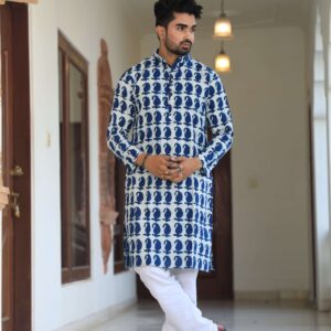 Bagru Men's White & Blue Printed Cotton Kurta Pajama Set