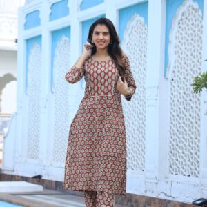Bagru Women's Cotton Printed Kurti with Pant Set – Design 4