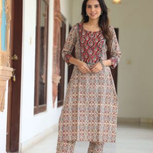Bagru Women's Cotton Printed Kurti with Pant Set – Design 10