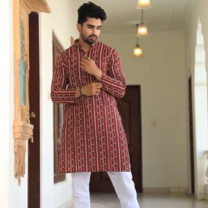 Bagru Men's Maroon Striped Printed Cotton Kurta Pajama Set