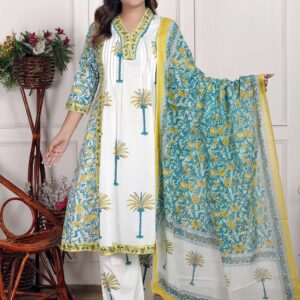 Bagru Women's Cotton Printed 3 Piece Kurta Pant Dupatta Set – Design 11