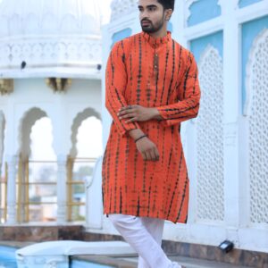 Bagru Men's Orange Tie-Dye Cotton Kurta Pajama Set