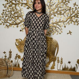 Bagru Women's Cotton Printed Anarkali Midi Dress – Design 7