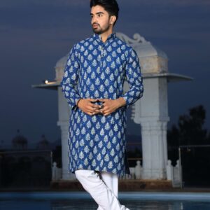 Bagru Men's Blue Printed Cotton Kurta Pajama Set – Style 3