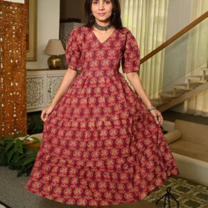 Bagru Women's Cotton Printed Anarkali Midi Dress – Design 25