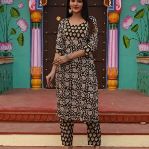 Bagru Women's Cotton Printed Kurti with Pant Set – Design 36