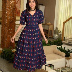 Bagru Women's Cotton Printed Anarkali Midi Dress – Design 19