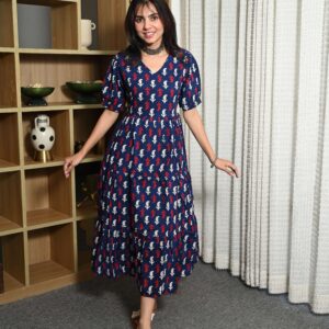 Bagru Women's Cotton Printed Anarkali Midi Dress – Design 9