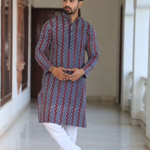 Bagru Men's Multicolor Zig-Zag Printed Cotton Kurta Pajama Set – Style 2
