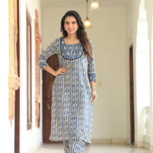Bagru Women's Cotton Printed Kurti with Pant Set – Design 6