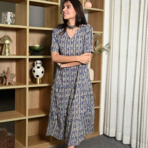 Bagru Women's Cotton Printed Anarkali Midi Dress – Design 11