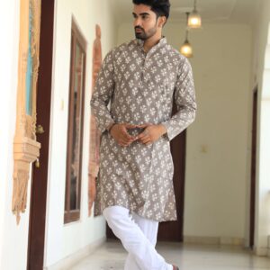 Bagru Men's Grey Printed Cotton Kurta Pajama Set