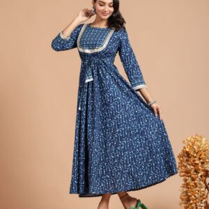 Bagru Women's Cotton Printed Long Gown – Design 25