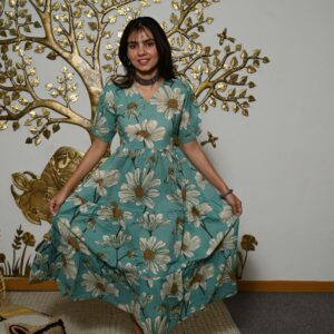 Bagru Women's Cotton Printed Anarkali Midi Dress – Design 5