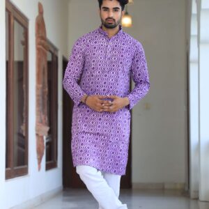 Bagru Men's Purple Printed Cotton Kurta Pajama Set