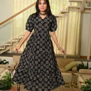 Bagru Women's Cotton Printed Anarkali Midi Dress – Design 30
