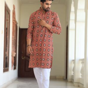 Bagru Men's Red Printed Cotton Kurta Pajama Set – Style 4