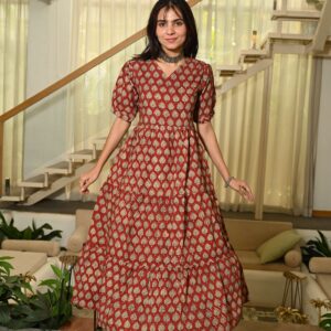 Bagru Women's Cotton Printed Anarkali Midi Dress – Design 33