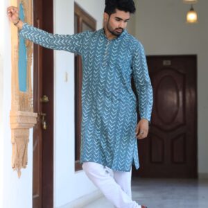 Bagru Men's Multicolor Zig-Zag Printed Cotton Kurta Pajama Set