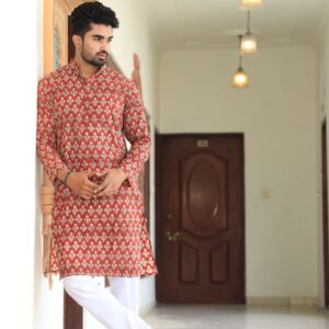 Bagru Men's Red Printed Cotton Kurta Pajama Set – Style 2