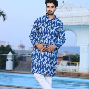 Bagru Men's Blue Printed Cotton Kurta Pajama Set – Style 2