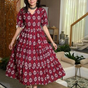 Bagru Women's Cotton Printed Anarkali Midi Dress – Design 20