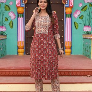 Bagru Women's Cotton Printed Kurti with Pant Set – Design 39