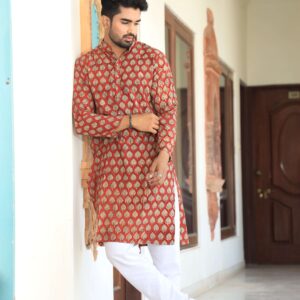 Bagru Men's Red Floral Printed Cotton Kurta Pajama Set – Style 3