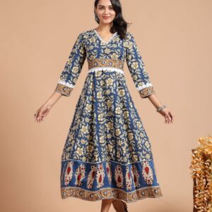 Bagru Women's Cotton Printed Long Gown – Design 27