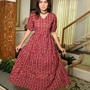 Bagru Women's Cotton Printed Anarkali Midi Dress – Design 22