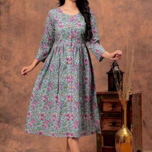 Bagru Women's Cotton Printed Long Gown – Design 35