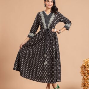 Bagru Women's Cotton Printed Long Gown – Design 24